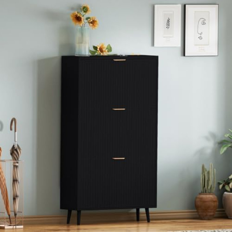 Shoe Cabinet Storage,Modern Freestanding Organizer With 3 Flip Drawers,Narrow Shoe Rack Cabinet For Entryway,Black, Black, 3