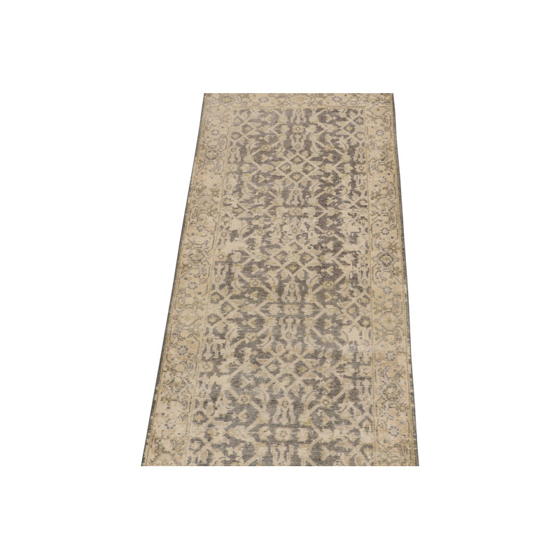 Rug & Kilim’S Distressed  Runner In Gray With Beige Herati Pattern, Runner 2'6" x 12'
