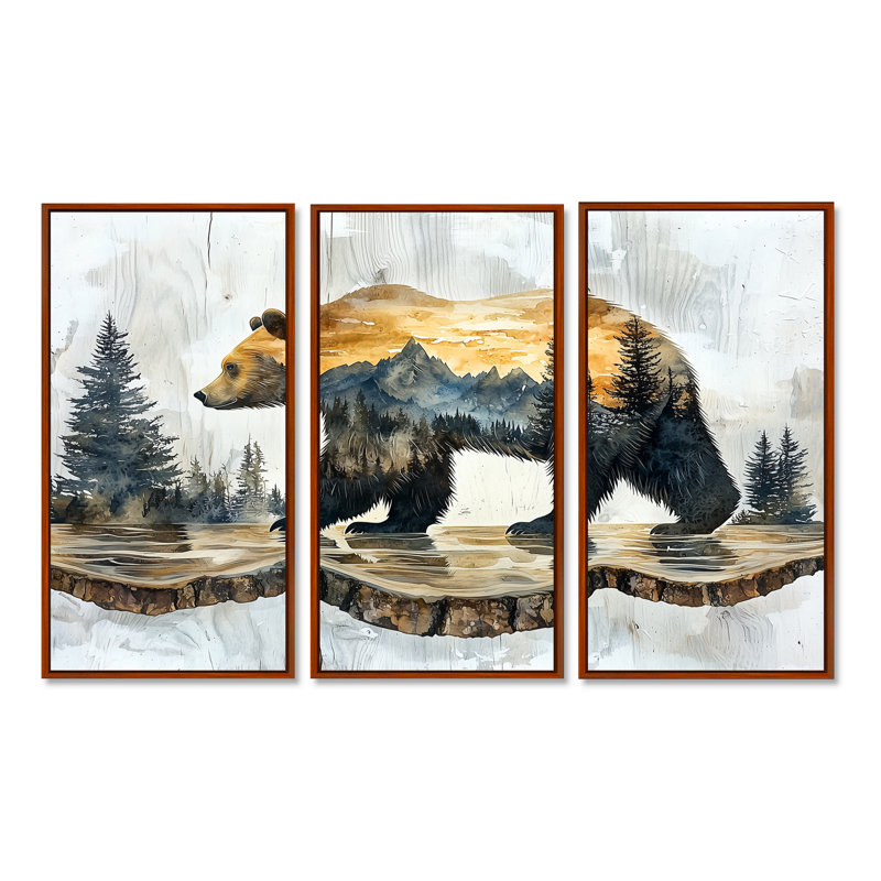 Double exposition ours dans le lac III - art mural ours - ensemble de 3, H 28 po x l 36 po, Brun