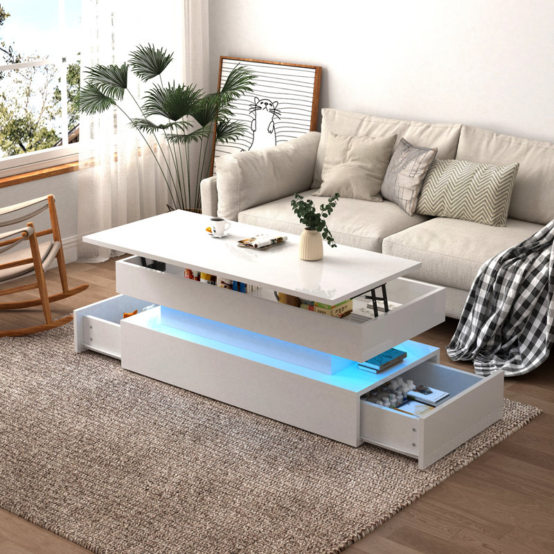 Foldable Coffee Table With Drawers And Adjustable Height Option, White Rectangular Drawer Efficiency