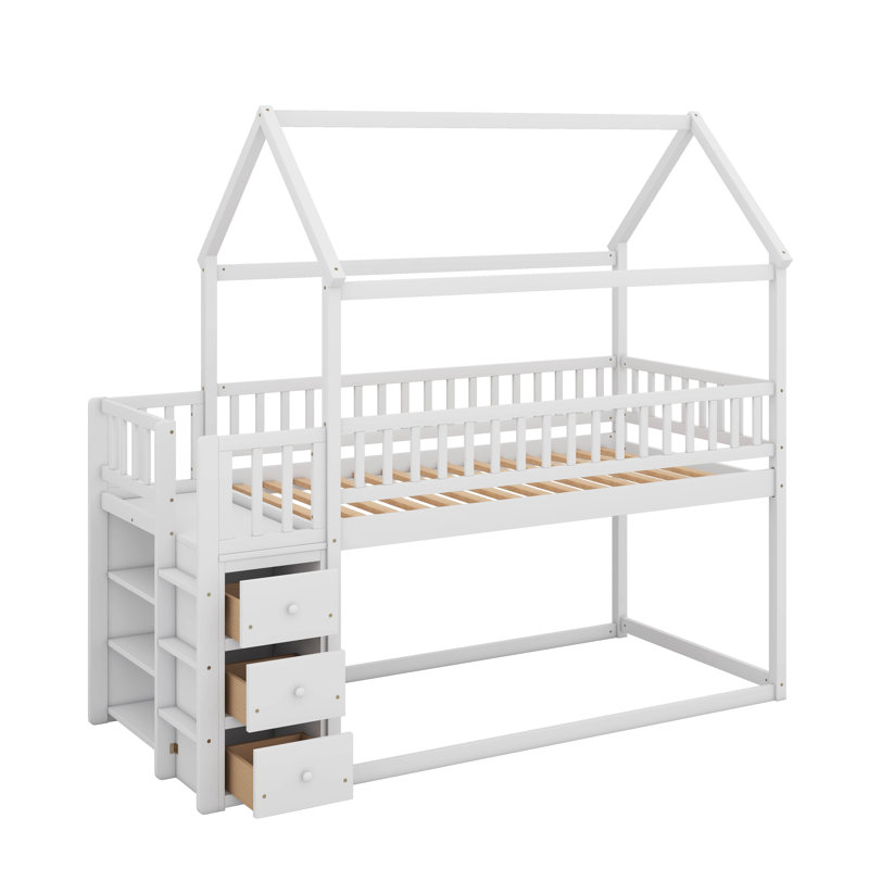 Twin/Twin House Bunk Bed With Shelves And Drawers, White