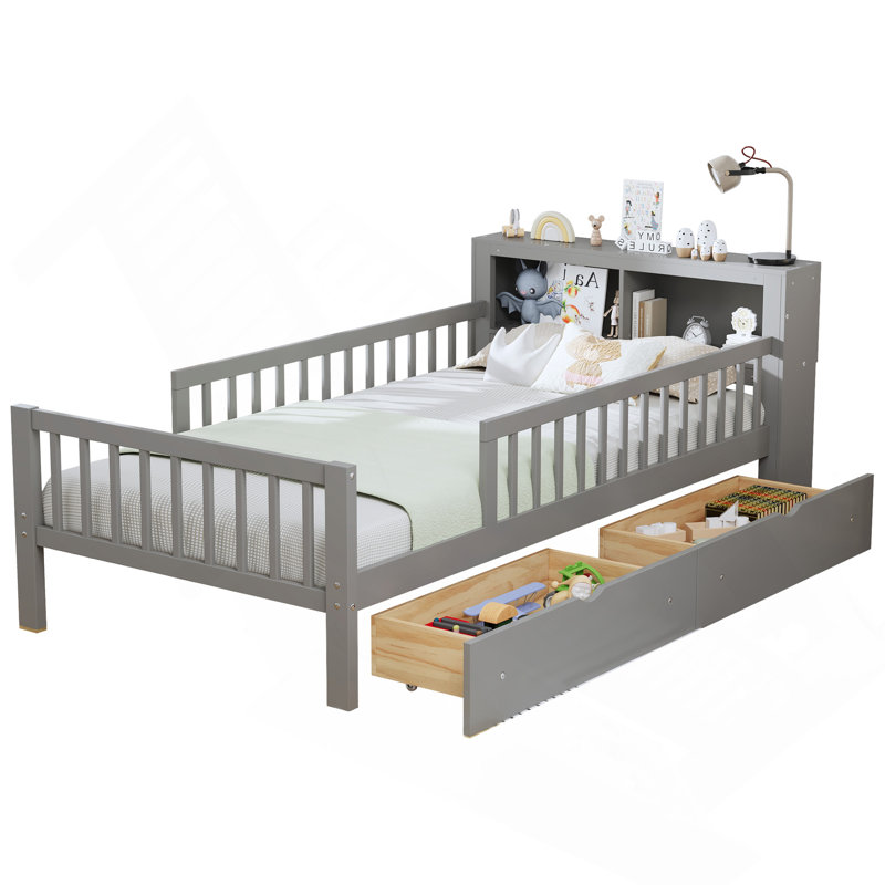 Lit simple avec support de tête de lit, deux tiroirs sous le lit, garde-corps à trois côtés pour plus de sécurité, gris, gris