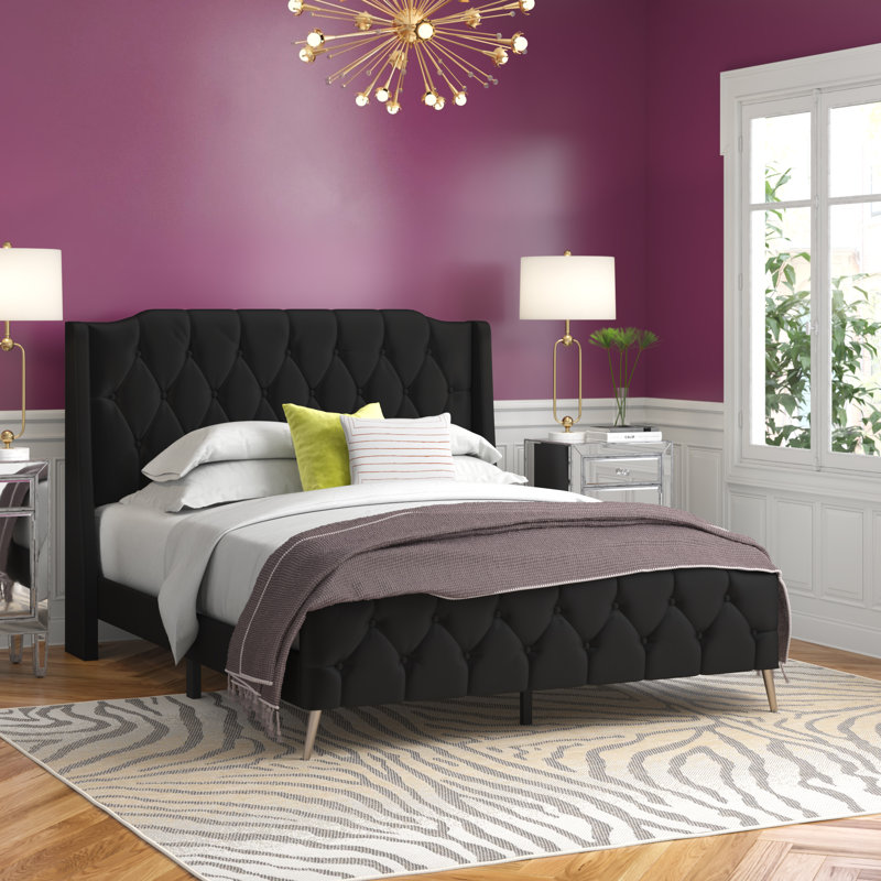 Lit tapissier standard à profil bas Louise, Noir, Grand