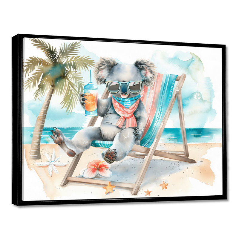 Mignonne plage de koala relaxante - salon d'art mural animal côtier, Toile avec cadre flottant noir