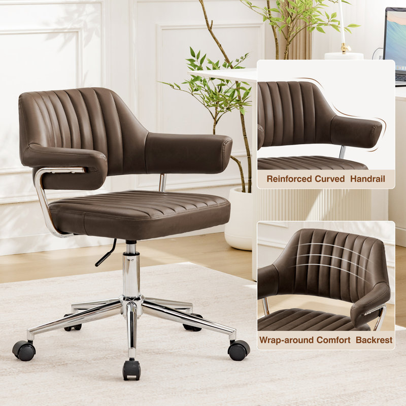 Chaises de bureau de loisirs modernes avec accoudoirs enveloppants, Similicuir brun