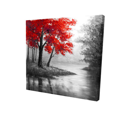 Red Trees And Lake Print On Canvas
