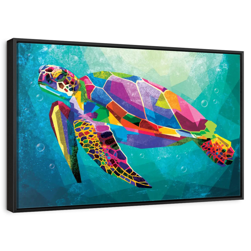 Tortue arc-en-ciel géométrique, 25 po x 17 po, Cadre flottant noir