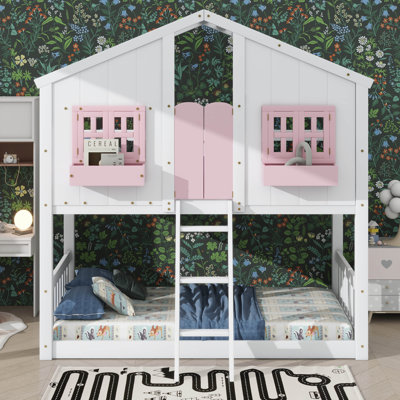Twin-Over-Twin House-Themed Bunk Bed Complete With Roof, Window, Window Box, Door, Safety Rails, And Ladder