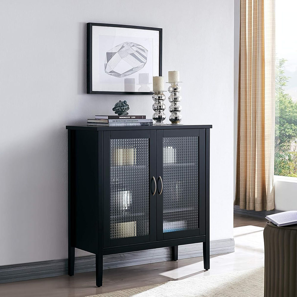 Latitude Run® 2 Door Accent Display Storage Cabinet, Black Wood/Frosted ...