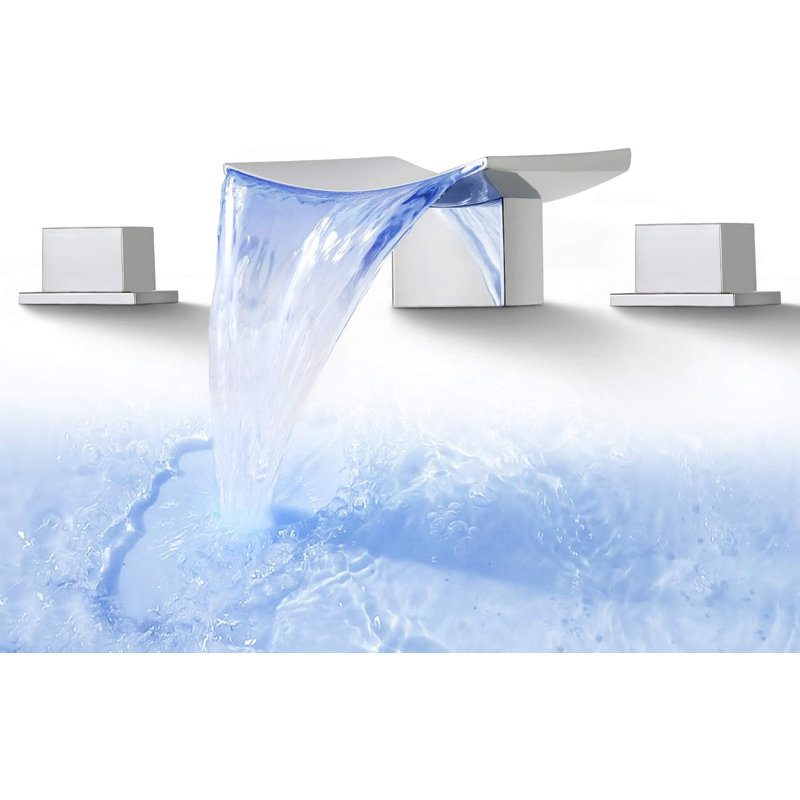 LED Bathroom Waterfall Sink Faucets, 8 Inch Widespread Bathroom Faucet 3 Hole, 2 Handle Roman Tub Faucet Deck Mount Waterfall Sink Faucet
