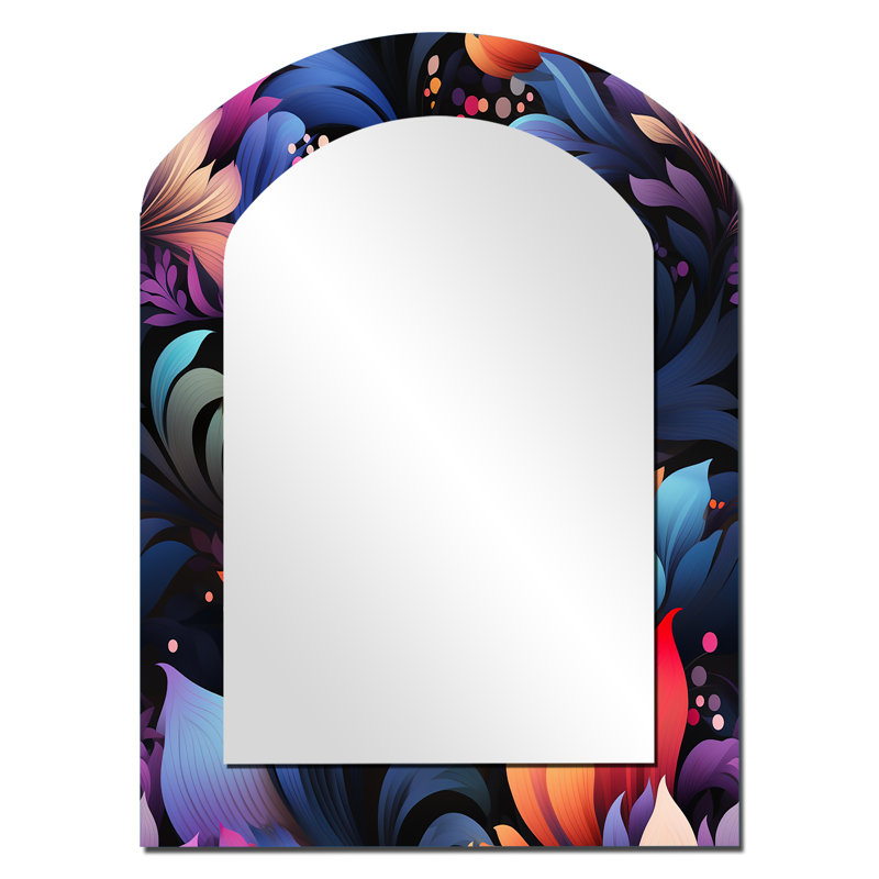 Multicolore futuriste damassé Nexus - miroir asymétrique floral, miroir mural décoratif arche rose, impression d'art en métal