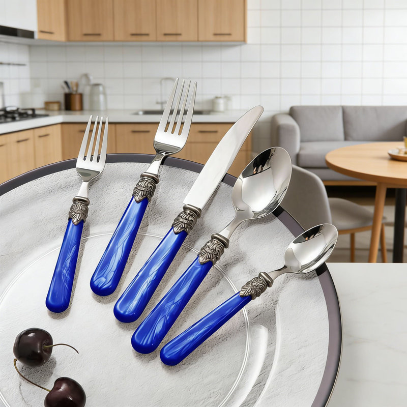 Service de couverts en acier inoxydable 20 pièces pour 20 personnes, ensemble de 20 pièces avec poignée en acrylique bleu foncé rétro, couverts allant au lave-vaisselle pour une utilisation formelle au quotidien