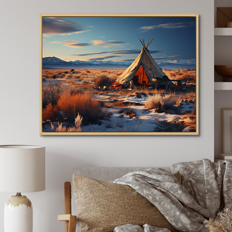 Tribal tipi paysage sur toile, Cadre naturel flottant, H 30 po x l 40 po x P 1,5 po