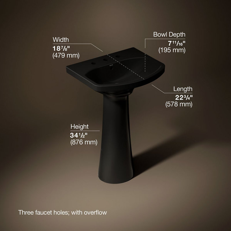 Cimarron® 26.81" Vitreous China U-Shape Pedestal Bathroom Sink with Overflow, Black , 8'' Centers