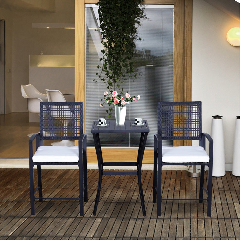 3pcs Patio Bar With And Soothing Cushion, Outdoor Furnishing. Meant For Backyards, Lawn, Deck, Poolside. Tall Chairs Footrests, All Weather Resistance, Black Steel 3 , Cushioned Chairs. For Lawns,