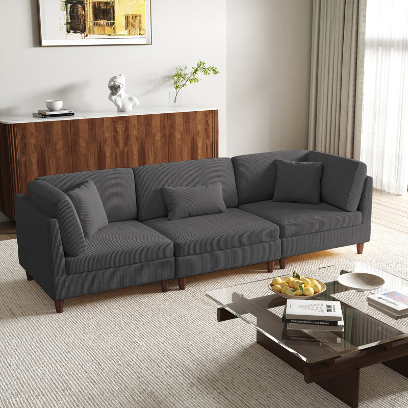 3 - Piece Upholstered Corduroy Modular Sectional with Pillow Back and Solid Wood Legs, Grey