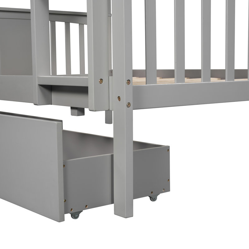 Rustic Bunk Bed With Storage Drawers And Solid Pine Legs, Gray