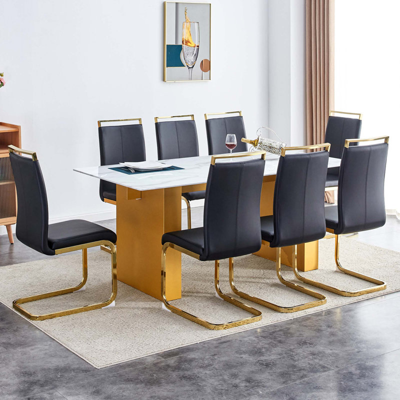Ensemble de table de salle à manger 9 pièces avec 8 chaises en similicuir et plateau de table en verre