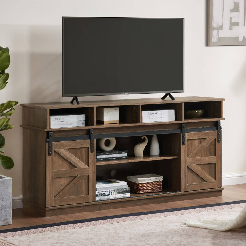 Meuble télé coulissant avec tablettes réglables et porte de grange campagnarde, Brun