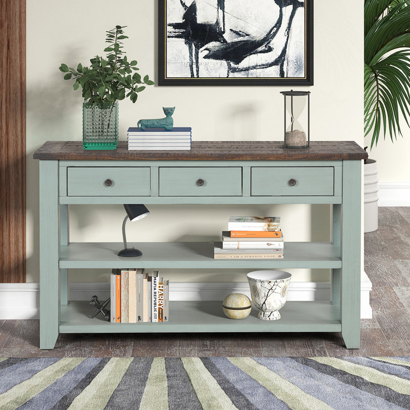 Console en bois de pin massif 48 po, table d'appoint moderne avec 3 tiroirs de rangement et 2 tablettes