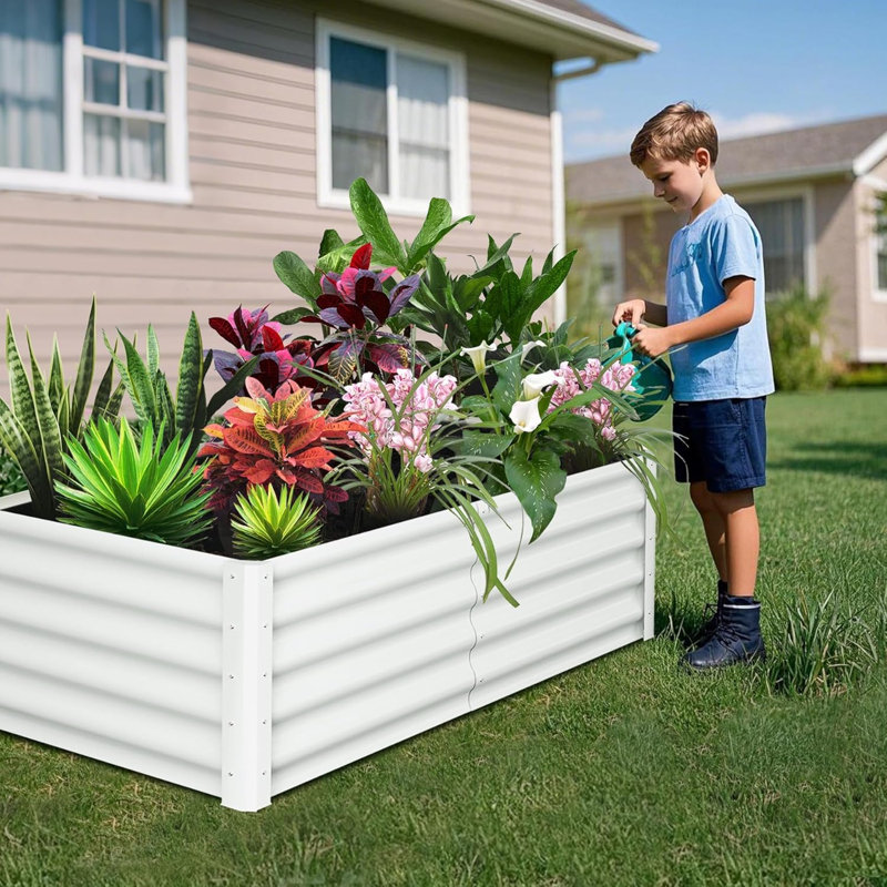 Galvanized Raised Metal Garden Bed, Planter Boxes with Open Base, Safety Edge & Support Poles, Includes Gardening Glove