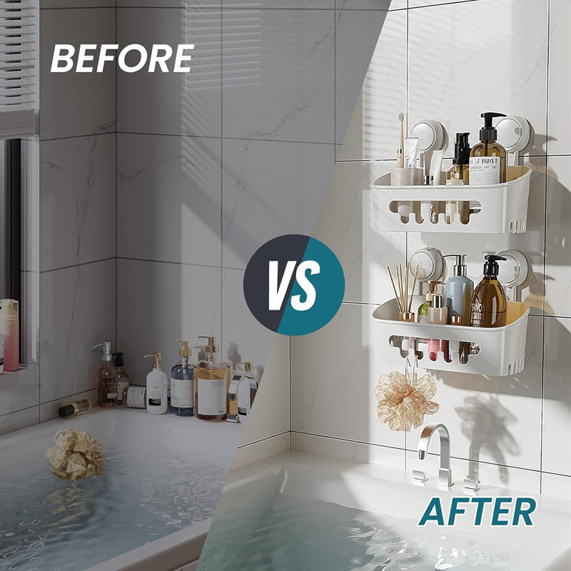 Ensemble de 2 unités de rangement pour salle de bain amovible avec tablettes en plastique imperméables pour shampooing et accessoires