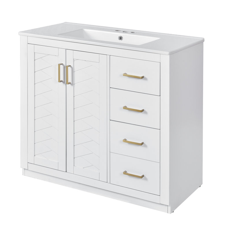36'' Single Bathroom Vanity With Ceramic Top, White, Gold