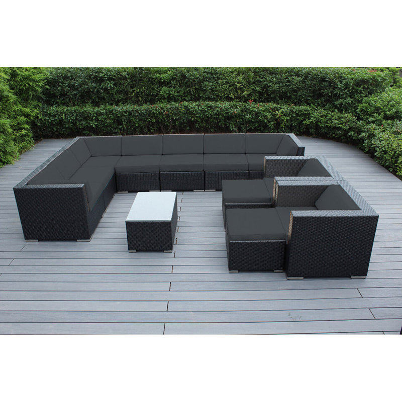 Konen Wicker 8 - Person Seating Group with Cushions - No Assembly, Polyester Turquoise, Black