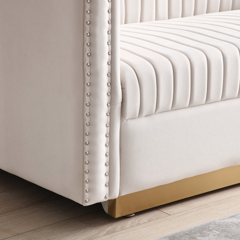 Canapé capitonné à canal vertical pour salon avec 2 coussins, Velours beige, H 28 po x l 61,4 po x P 28 po, 2