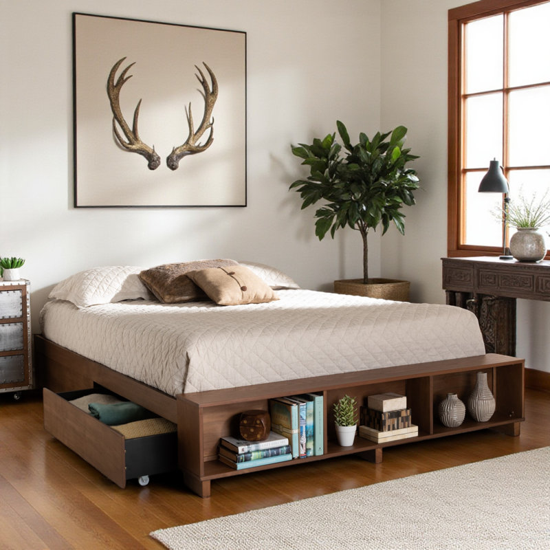Aura King Size Platform Bed, Built-In Shelves, 4-drawers, Brown 80.47'' W X 89.63'' L X 13.61'' H, King