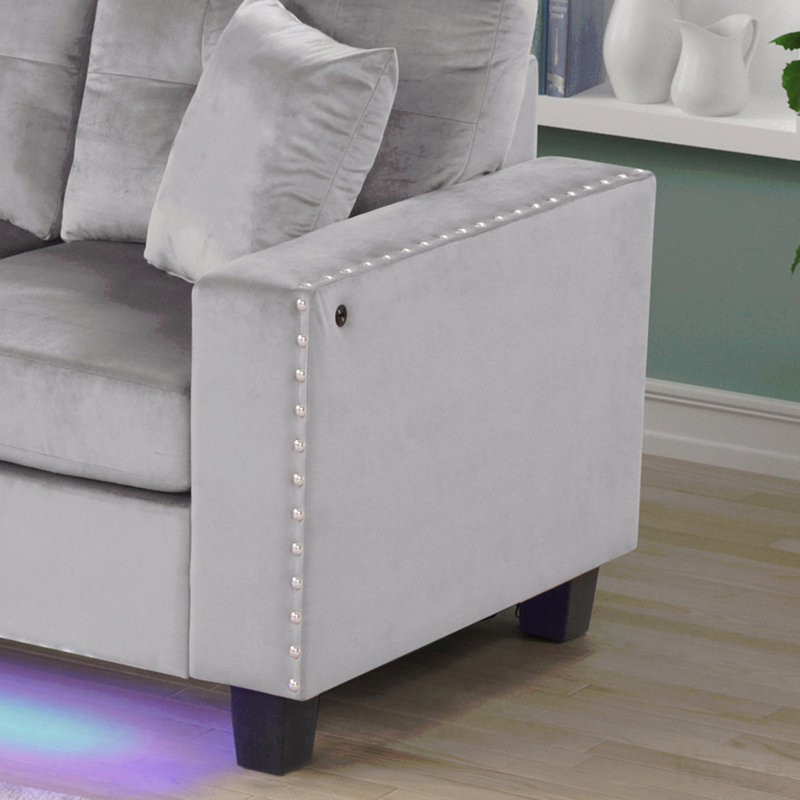Sorrento 74"W Gray Velvet Reversible Sectional Sofa Chaise With Led Light, Usb Port, Nailhead Trim, Throw Pillows, Tufted Cushion