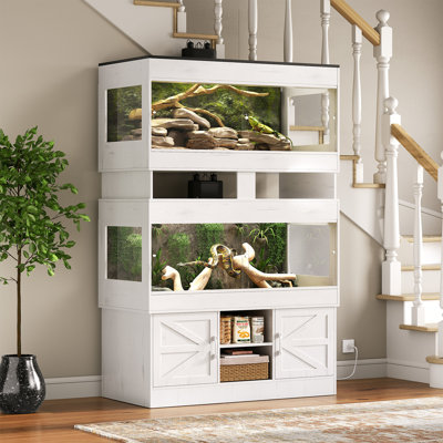 Terroute Dual 120 Gallon Reptile Tank with Stand,4x2x2 Reptile Enclosure,Bearded Dragon Tank,Reptile Terrarium with Cabinet,Sliding Doors for Snakes,Lizards,Built-in Power Outlet White CAGE002E