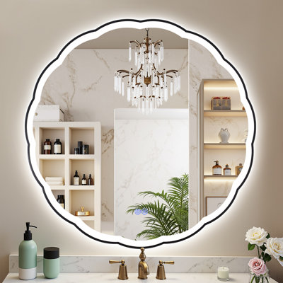 Round Wavy Metal Frame;Round Lighted;Bathroom/Vanity Mirror;Backlit + Front Lit,Dimmable Anti Fog Wall Mounted Mirror