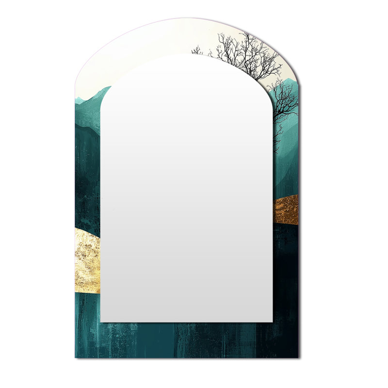 Quiet Bold Tree In Emerald Gold Harmony - Mountains Asymmetrical Unique Mirror, Gold Arch Large Wall Mirror, Printed Metal Art