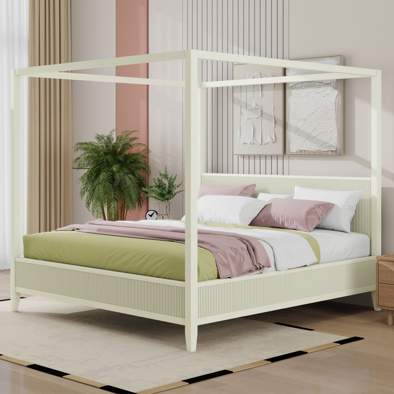 Lit plateforme à baldaquin avec tête de lit cannelée Farmhouse, Beige