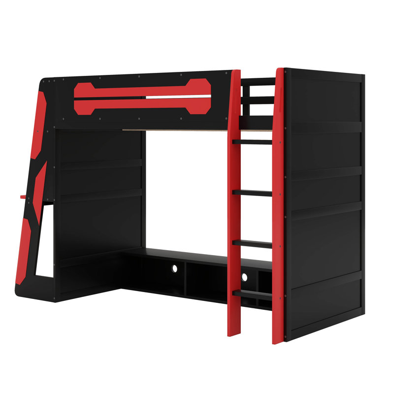 Lit mezzanine simple en bois avec bureau, tablettes multiples et lumière RVB, Rouge