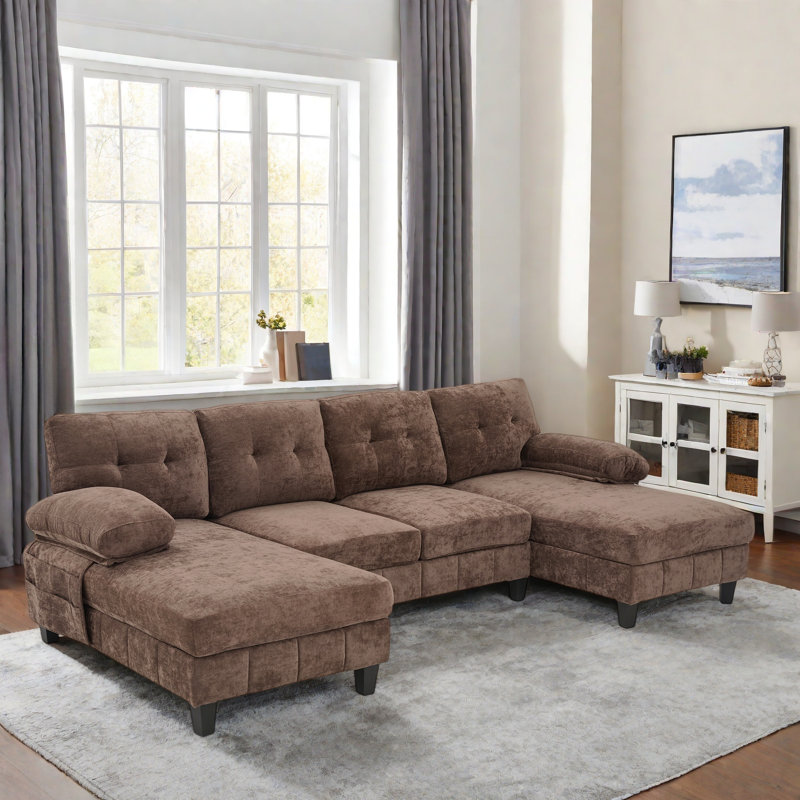 U-shaped sectional sofa with dual chaise lounges, storage pockets and armrest pillows, Chenille brun