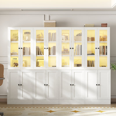 Bibliothèque de 71 po de hauteur avec portes en verre, lumières DEL et prise de courant, grande tablette de rangement pour le salon et la chambre à coucher