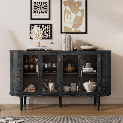 Sideboard Farmhouse Modern with Glass Doors Adjustable Shelves - Black | Solid Pine Legs | MDF+Wood Veneer
