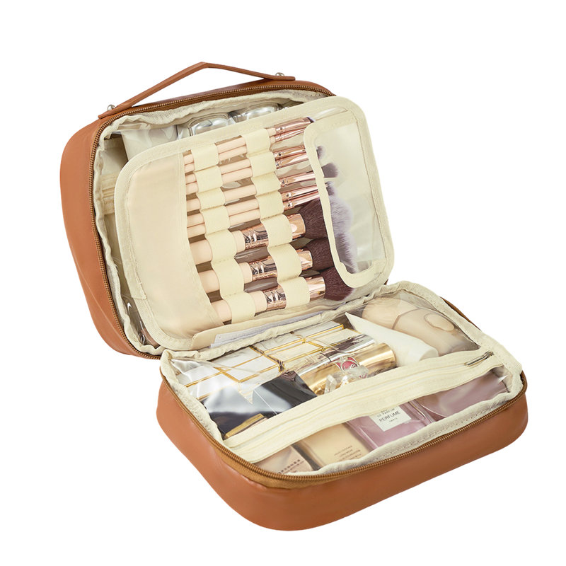 PU Leather；Polyester；PVC；Nylon Zipper Makeup Organiser, Brown