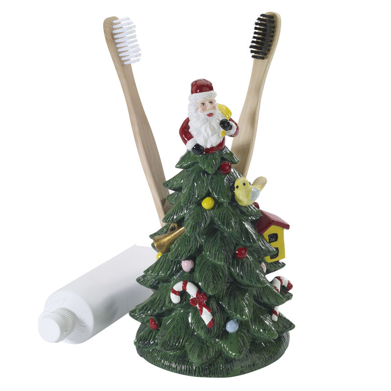 Hand-Painted Resin Christmas Tree Toothbrush Holder with Santa