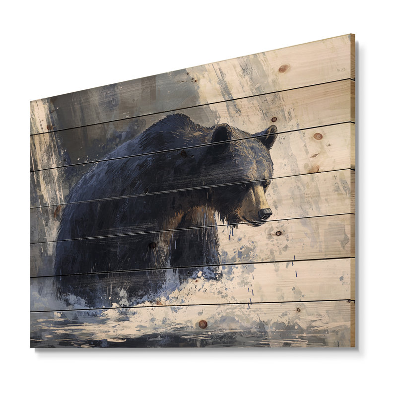 Ours à la cascade Edge III - Décoration murale ours en bois - sur bois de pin naturel, H 10 po x l 20 po x P 0,78 po