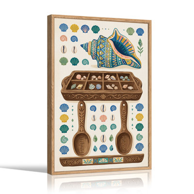 Patterned Conch Shell and Wooden Tray with Seashells Canvas Wall Art