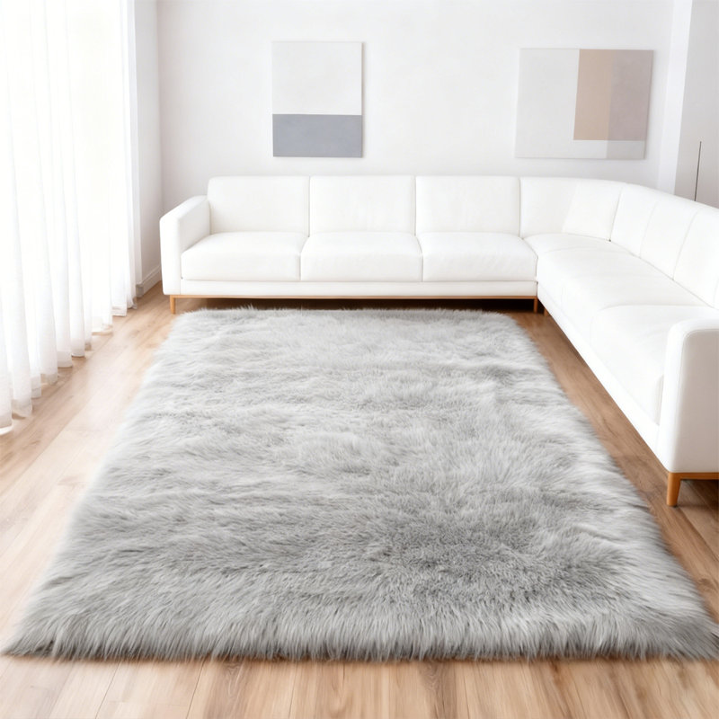 Luxurious Plush Gray Faux Sheepskin Rug, Rectangle 4' x 6'
