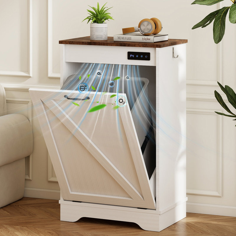 Tilt Out Trash Can Cabinet with Ozone Deodorizing for Kitchen,  10 Gal Free Standing Hideaway Trash Holder, White
