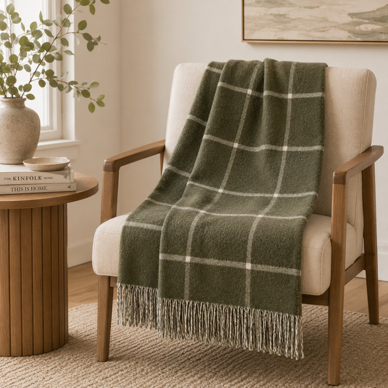 Windowpane Throw, 67" L x 50" W, Olive Green Double Face Windowpane