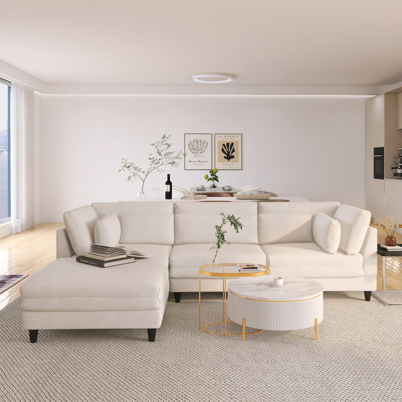 Canapé modulaire en L beige avec repose-pieds mobile, 5 coussins - emballage compressé