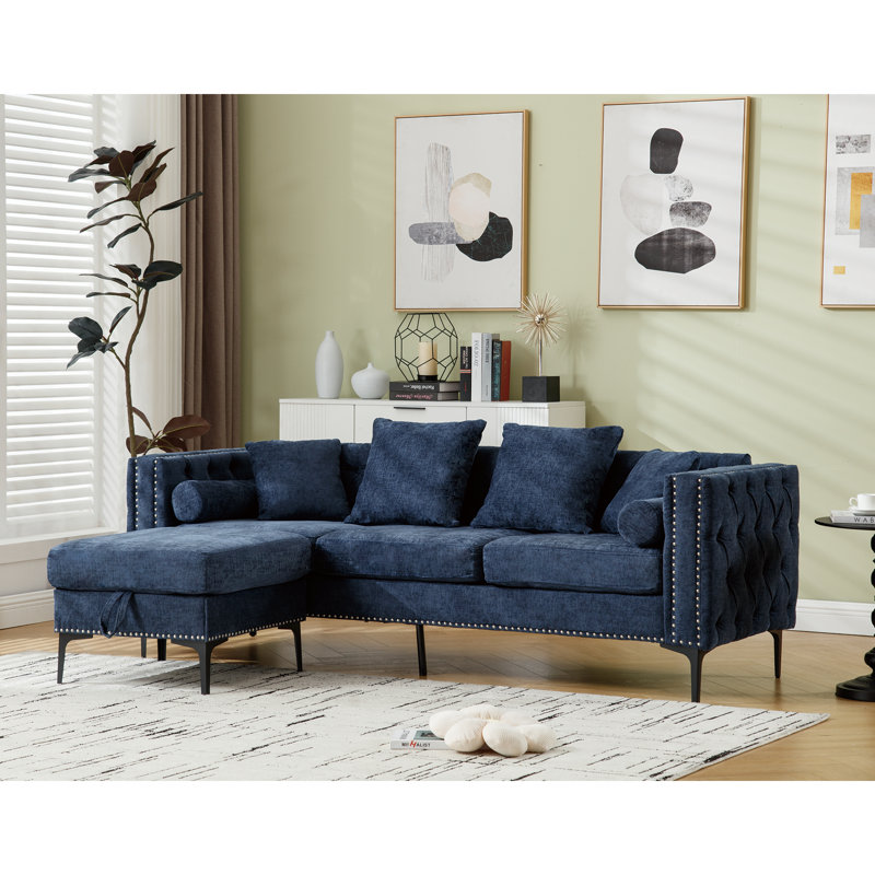 Canapé modulaire en L, repose-pieds convertible avec rangement, chenille, accoudoirs carrés, canapé capitonné moderne, 3 places et clouté, bleu