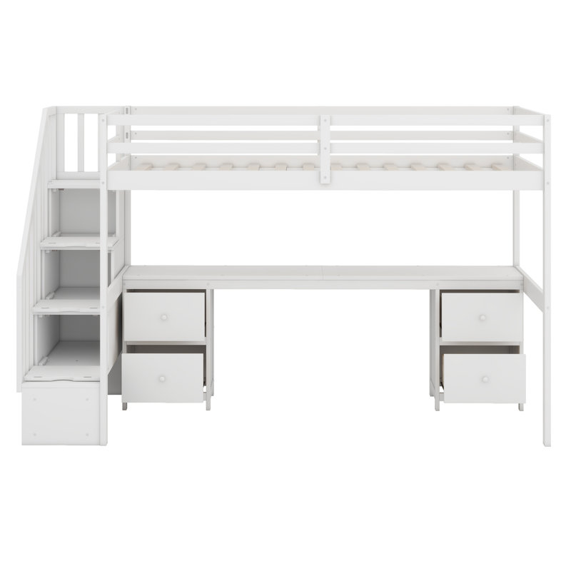 Jaxsten Twin Size Loft Bed Frame with Built-in Desk and Double Storage Drawers, White