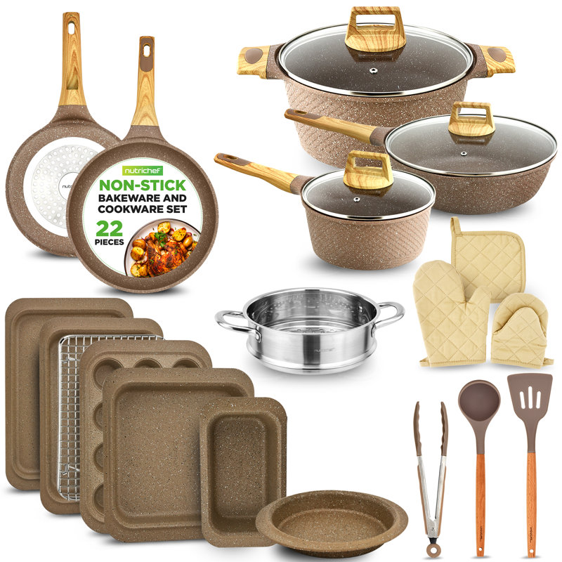 22 - Piece Non-Stick Cookware Set, Beige Wood/Cream